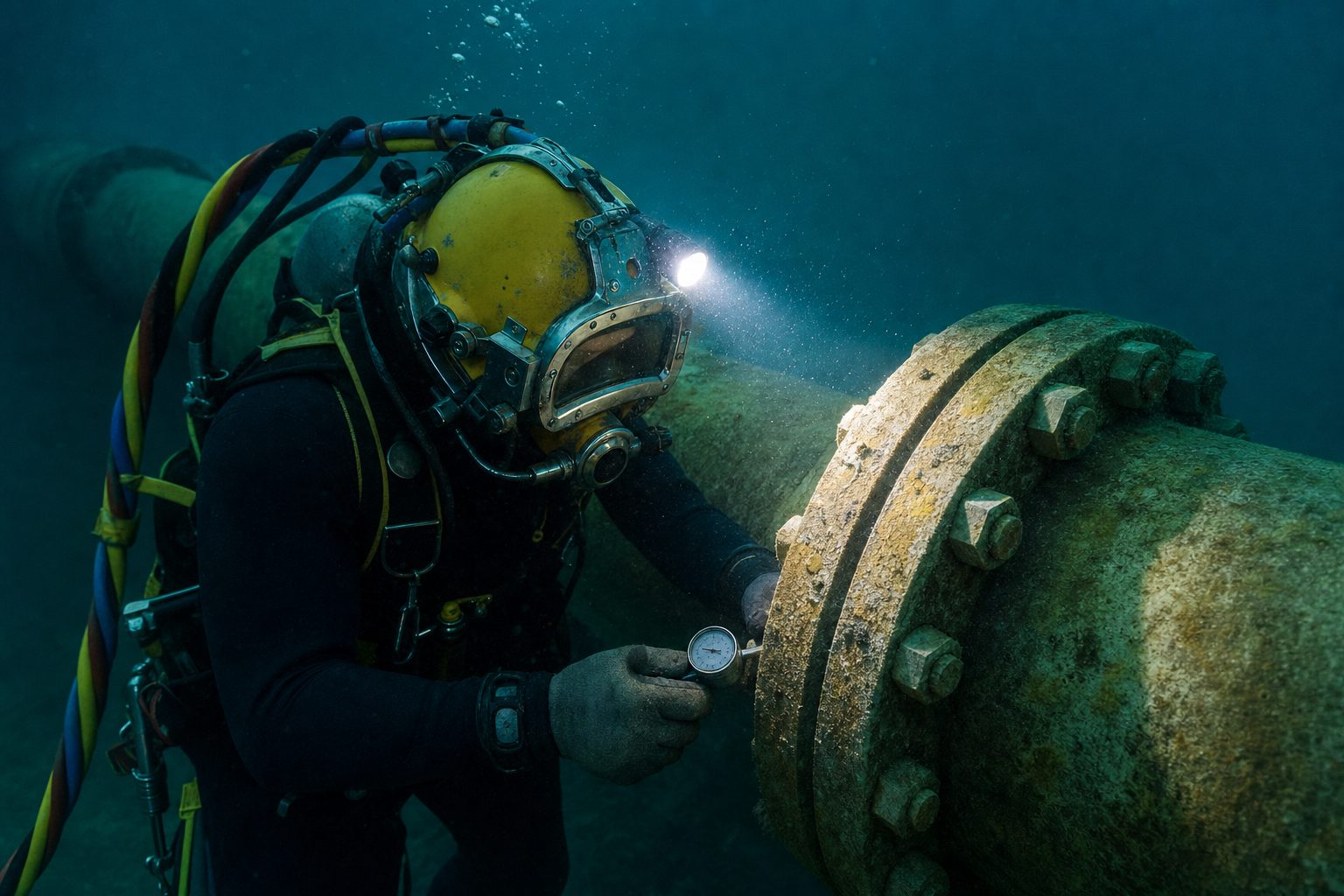 Commercial diver carrying out a close visual inspection below a vessel hull
