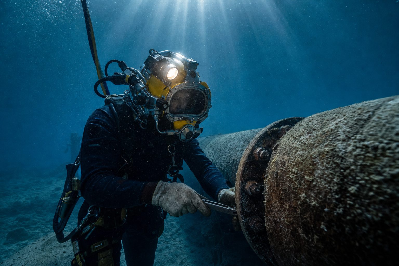 Commercial diver working beside a subsea pipeline on the seabed