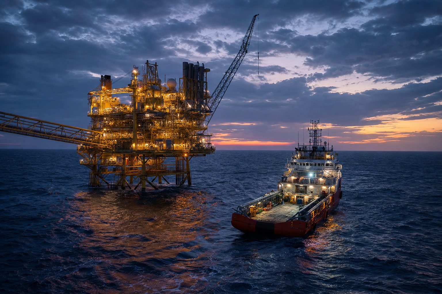 Offshore platform with support vessel alongside