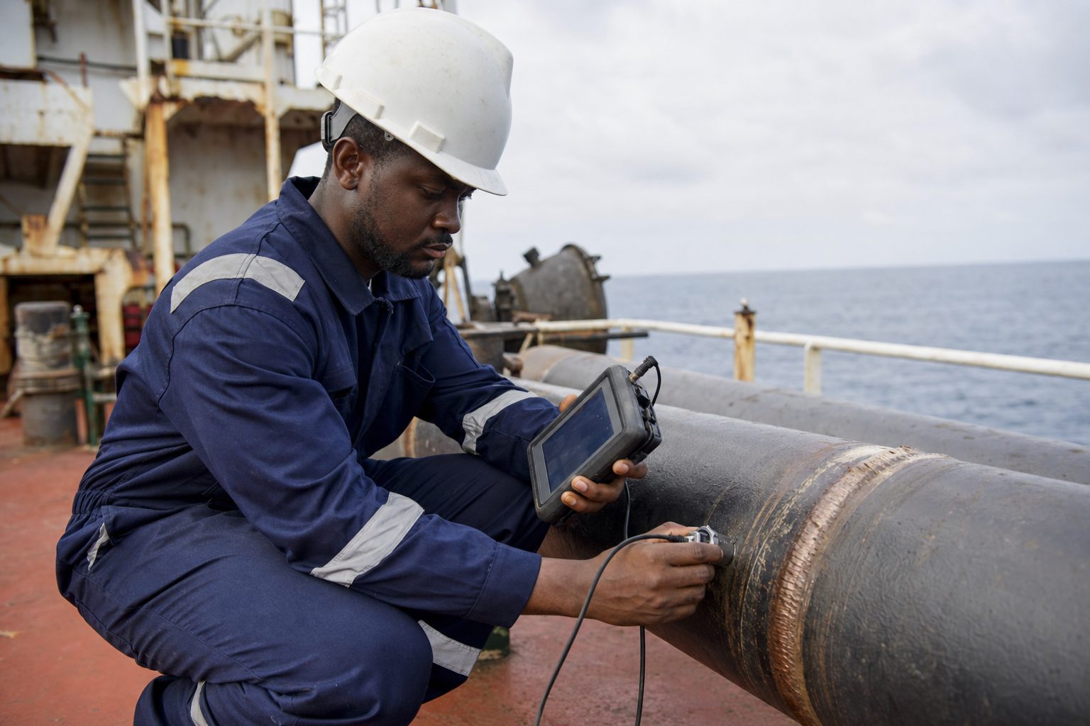 NDT technician performing ultrasonic testing on a pipeline weld