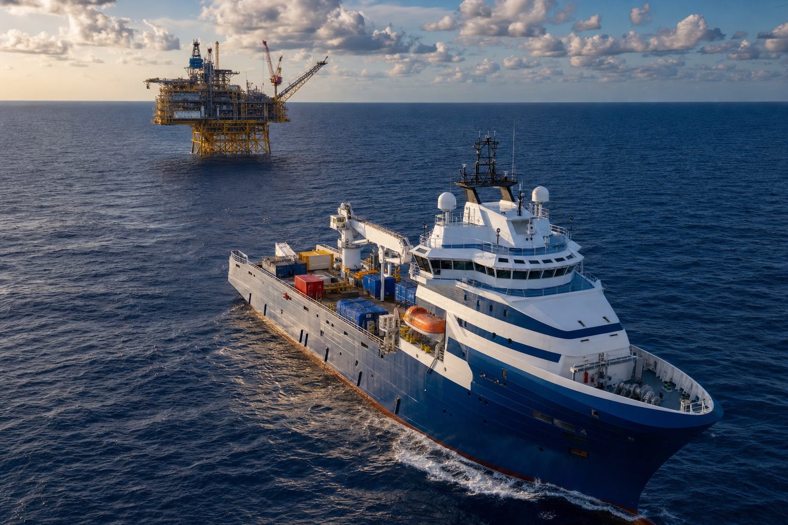 Offshore support vessel underway near a platform